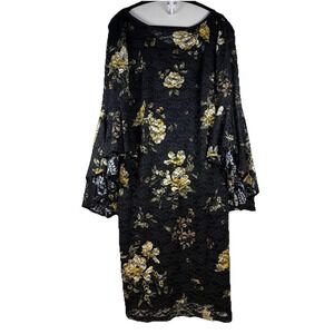 VFSHOW Women's Large Mesh Floral Dress Black Yellow Bell Sleeve Midi Career